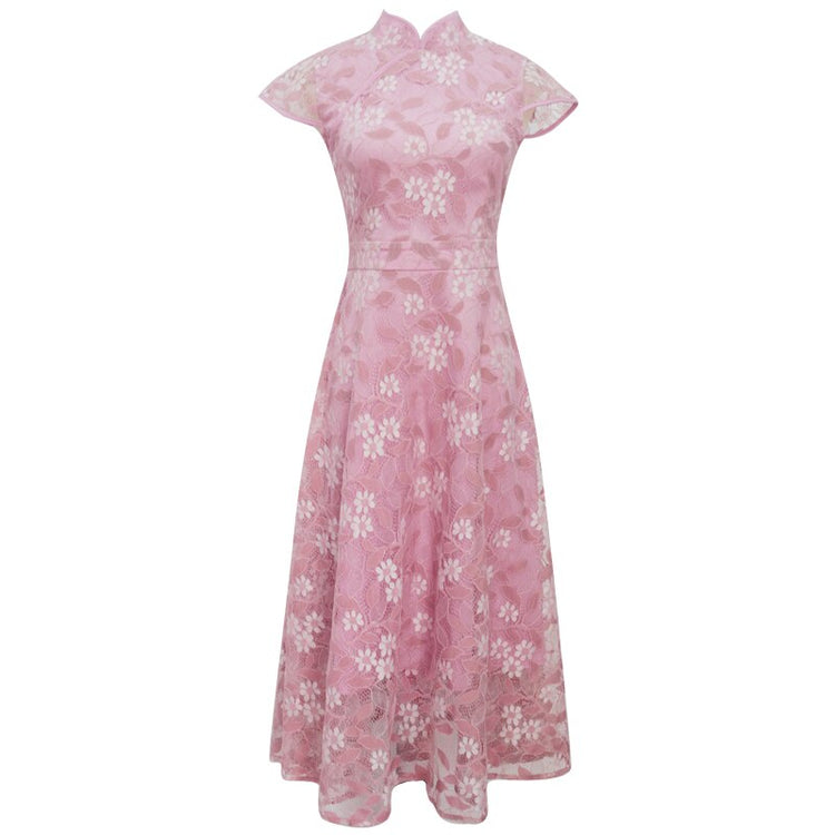 Vestido de Festa Midi Rendado Floral Rosé