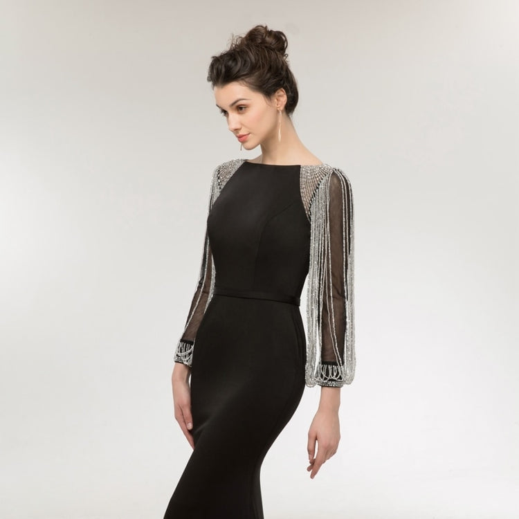 Vestido de Festa Luxo Sereia com Manga Detalhada Preto - Modelo Especial
