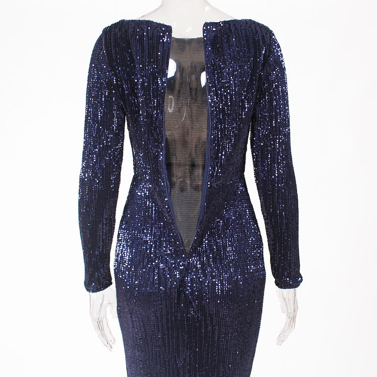 Vestido de Festa Longo Elegante com Manga Azul Marinho