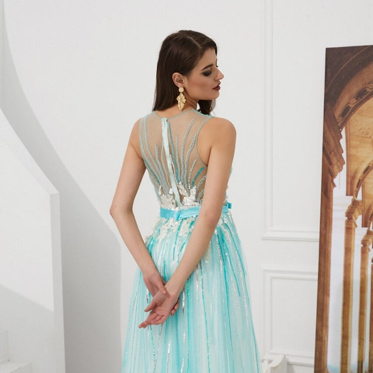Vestido de Festa Luxo em Tule e Sobreposição Transparente Azul Tiffany - Modelo Especial
