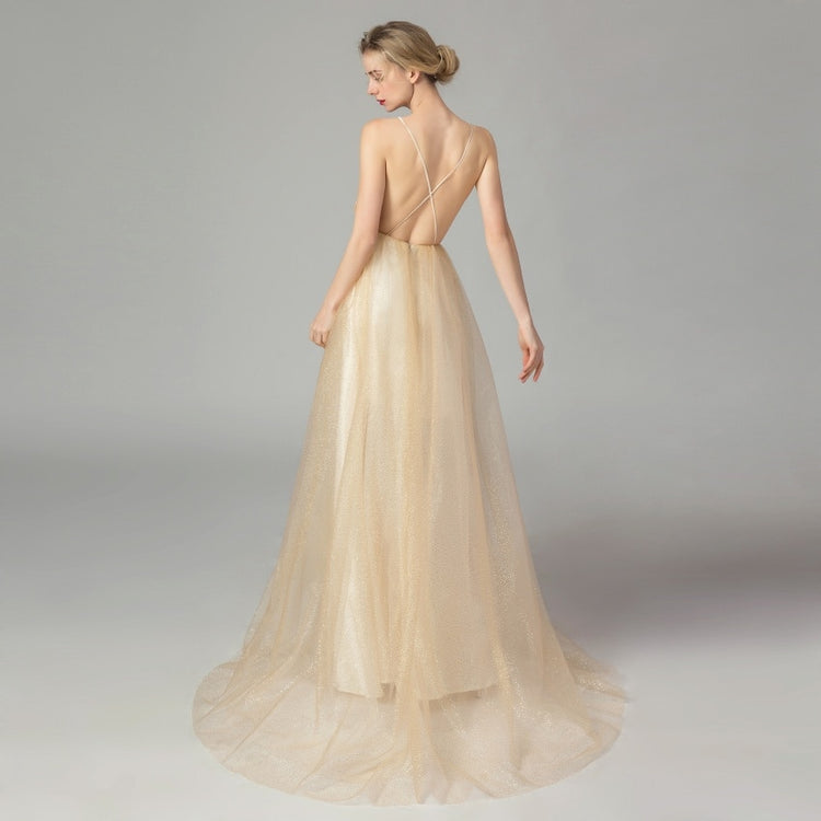Vestido de Festa Longo Clássico em Tule Dourado