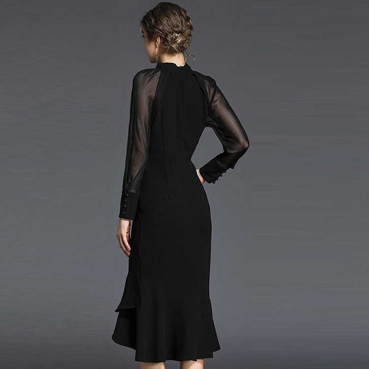 Vestido de Festa Sereia com Manga e Renda Preto