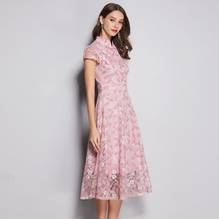 Vestido de Festa Midi Rendado Floral Rosé