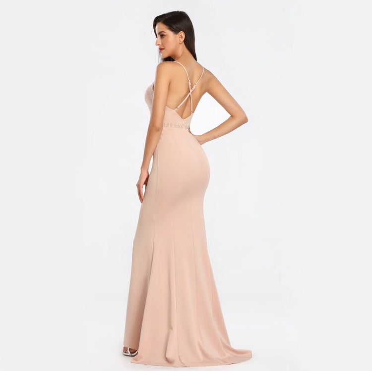 Vestido de Festa Longo com Decoração Brilho na Cintura Champanhe