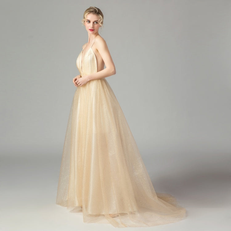 Vestido de Festa Longo Clássico em Tule Dourado