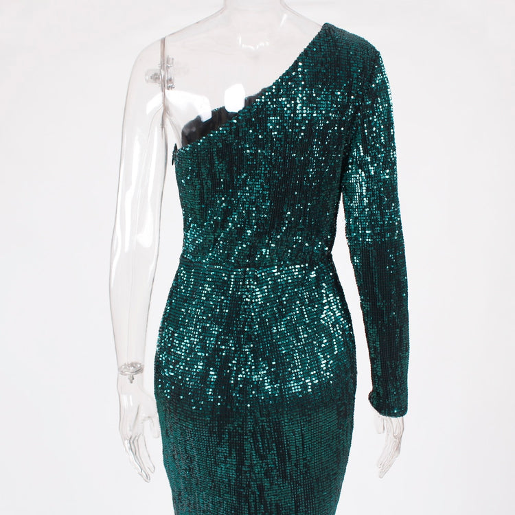 Vestido de Festa com Tecido em Dupla Camada e Brilho Verde