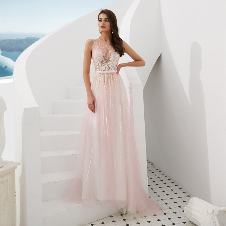 Vestido de Festa Luxo em Tule e Sobreposição Transparente Rosé - Modelo Especial