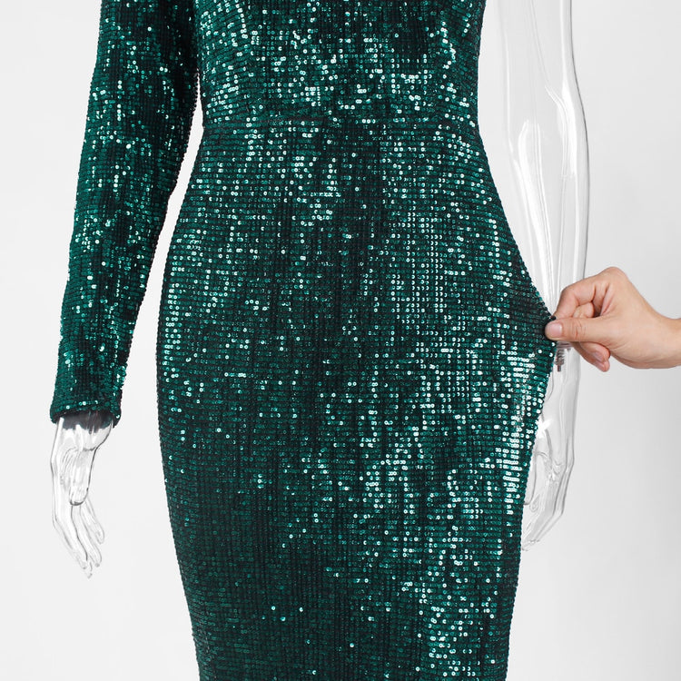 Vestido de Festa com Tecido em Dupla Camada e Brilho Verde
