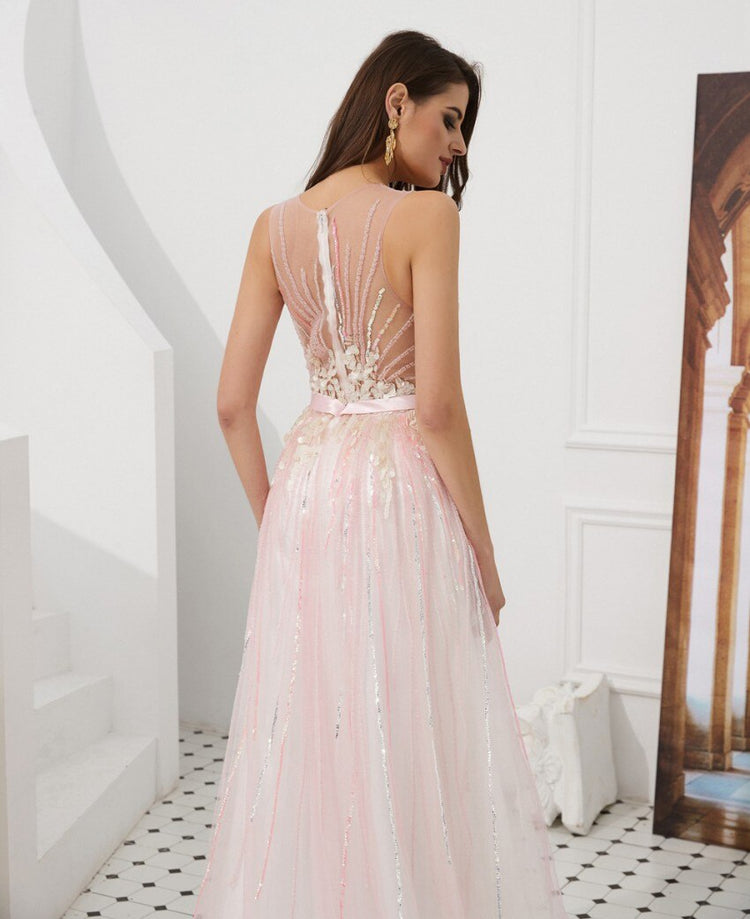 Vestido de Festa Luxo em Tule e Sobreposição Transparente Rosé - Modelo Especial