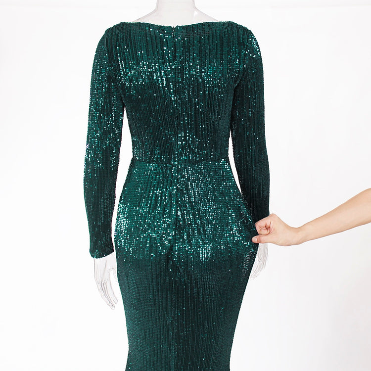 Vestido de Festa Longo Elegante com Manga Verde