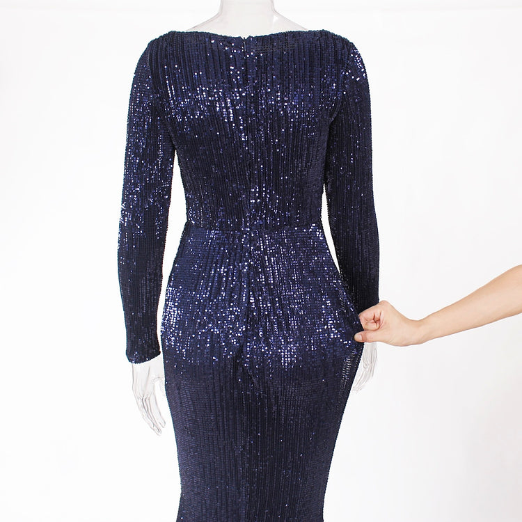 Vestido de Festa Longo Elegante com Manga Azul Marinho