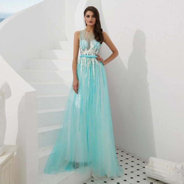 Vestido de Festa Luxo em Tule e Sobreposição Transparente Azul Tiffany - Modelo Especial