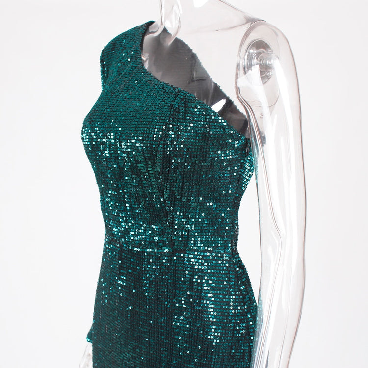Vestido de Festa com Tecido em Dupla Camada e Brilho Verde