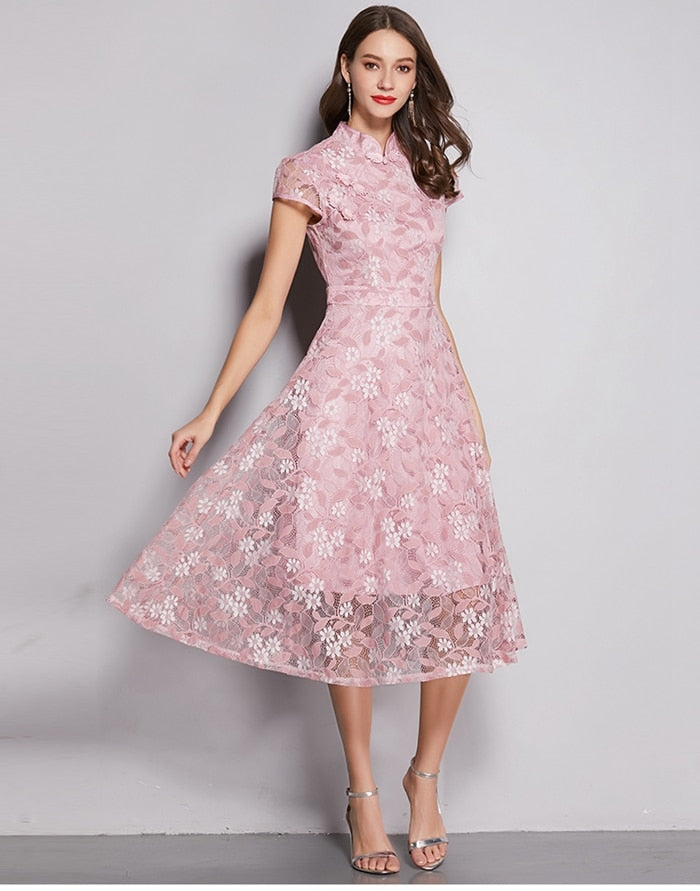 Vestido de Festa Midi Rendado Floral Rosé