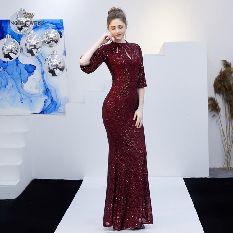 Vestido de Festa Longo Sereia com Detalhes Cristal Marsala