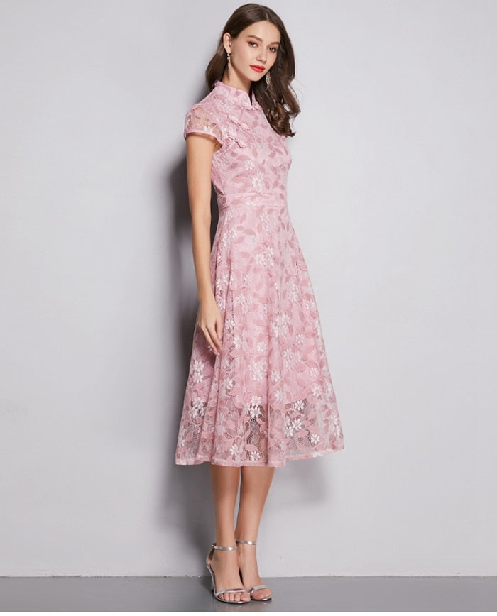 Vestido de Festa Midi Rendado Floral Rosé