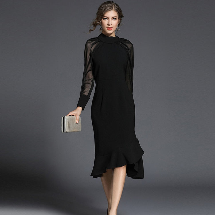 Vestido de Festa Sereia com Manga e Renda Preto