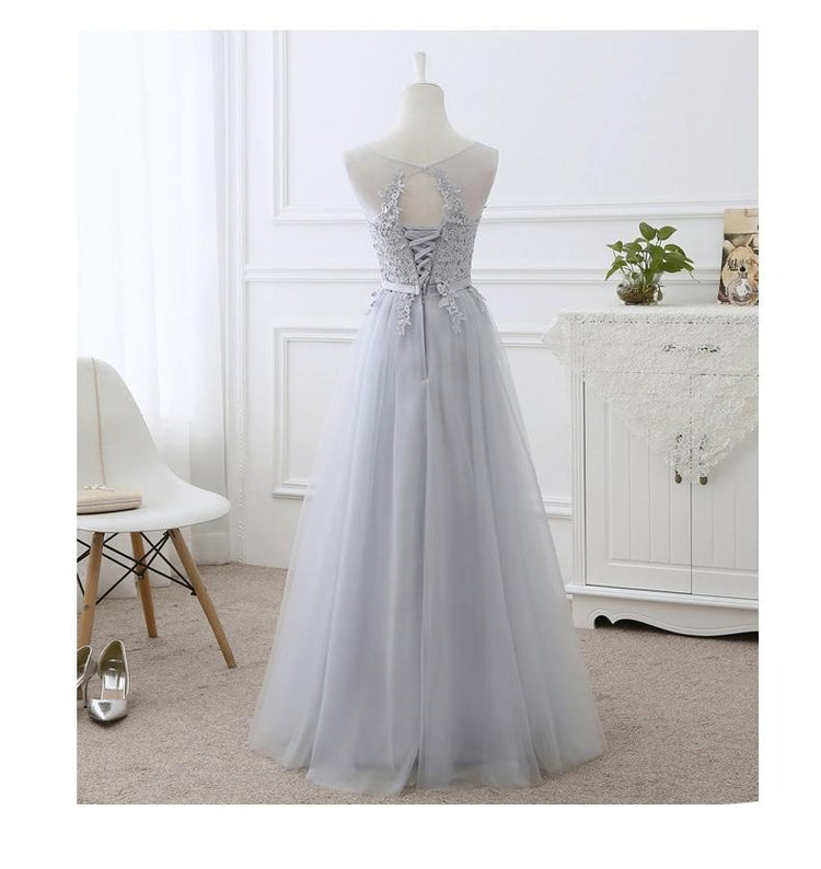 Vestido de Festa em Crepe com Apliques e Amarração Traseira Azul Serenity
