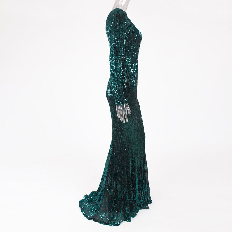 Vestido de Festa com Tecido em Dupla Camada e Brilho Verde