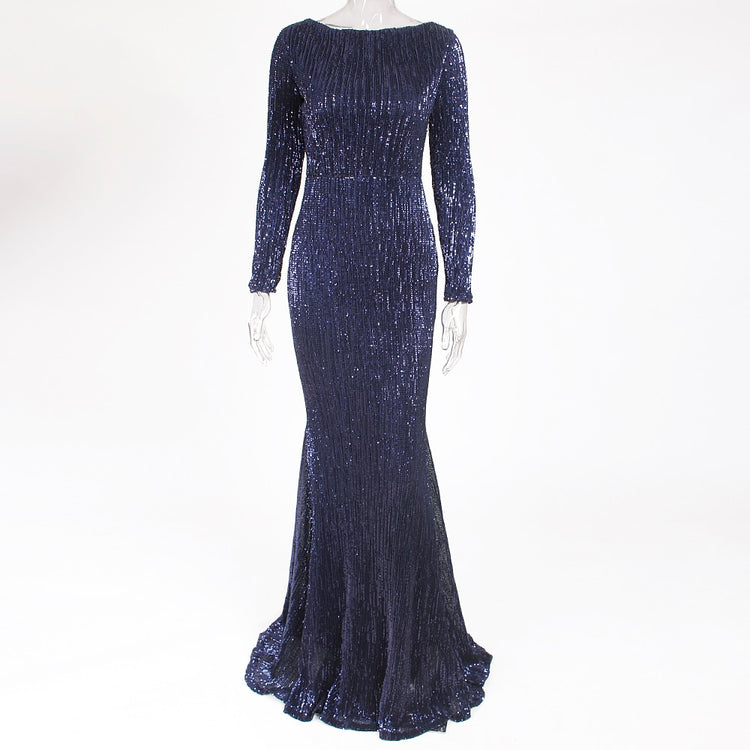 Vestido de Festa Longo Elegante com Manga Azul Marinho