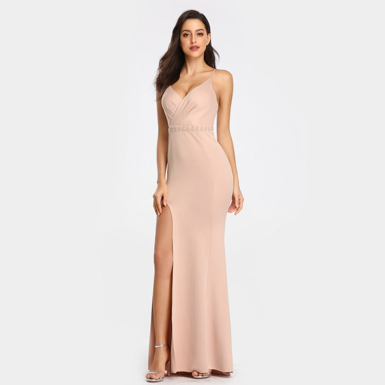 Vestido de Festa Longo com Decoração Brilho na Cintura Champanhe