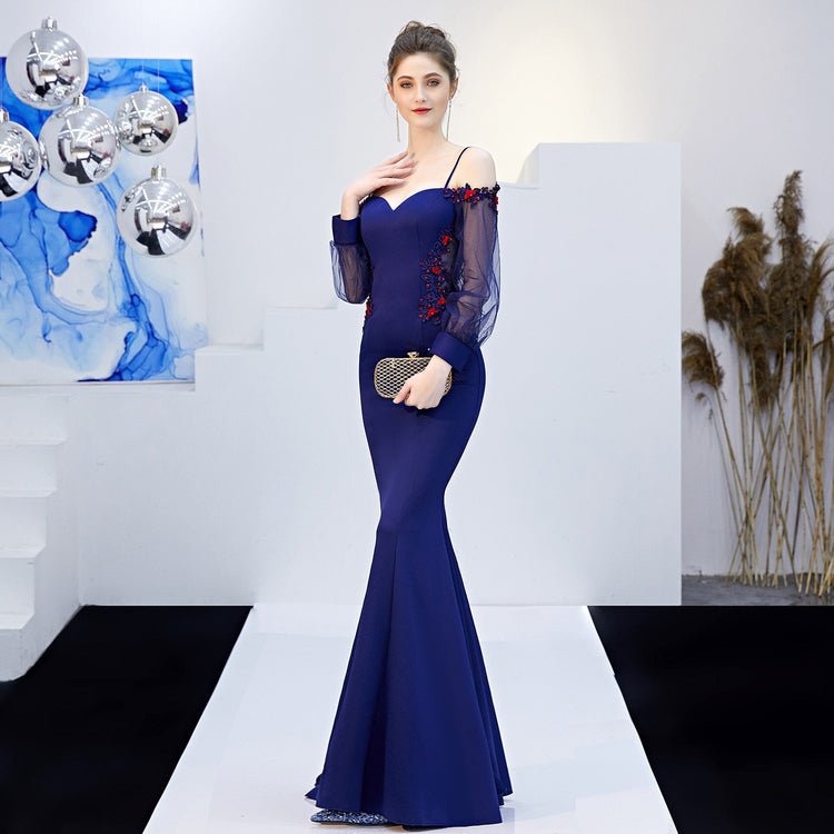Vestido de Festa Longo Silhueta Sereia com Detalhes de Flores Azul Royal (Pronta Entrega)