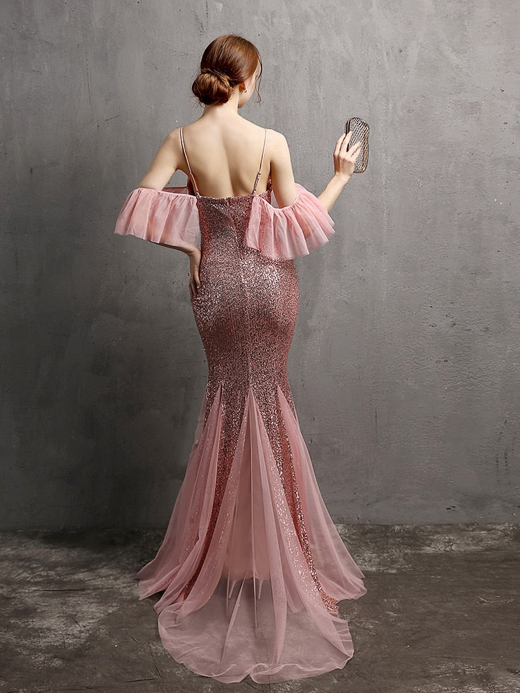 Vestido de Festa Longo Elegante com Manga com Renda Rosa Empoeirado