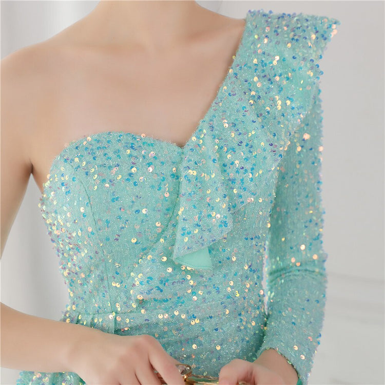 Vestido de Festa Longo com Babados Assimétricos Azul Tiffany