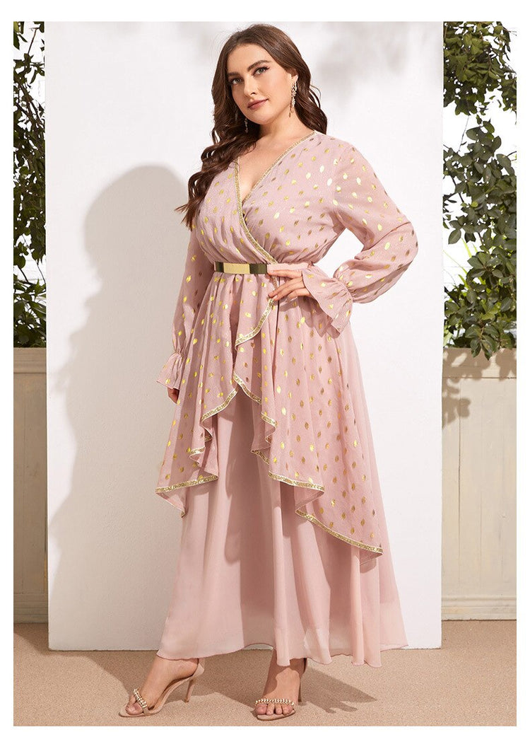Vestido de Festa Rosé com Babados e Detalhe Cinto Dourado