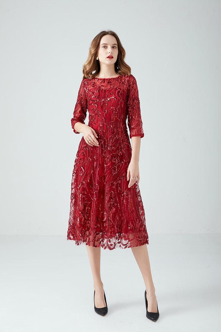 Vestido de Festa Marsala Luxo Midi com Detalhes Paetês