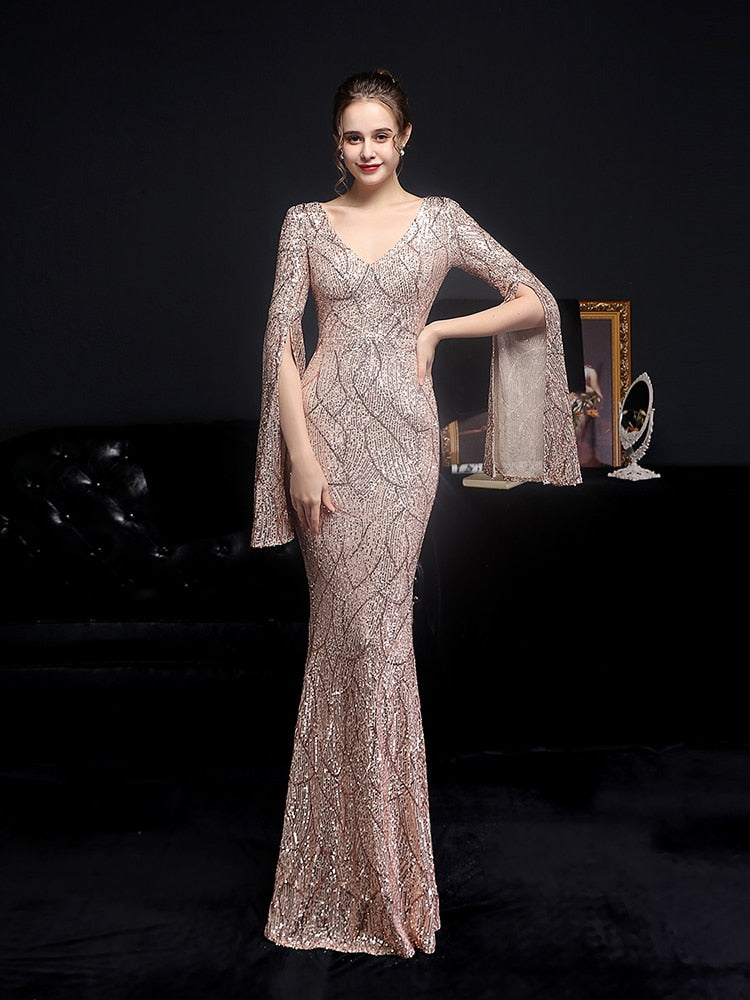Vestido de Festa Longo Sereia Cristal com Manga Solta Dourado