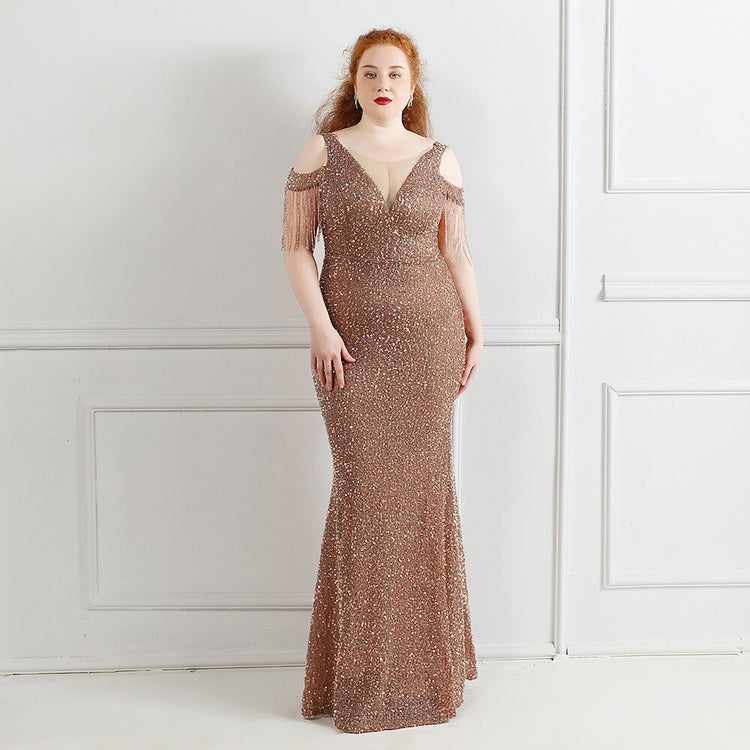 Vestido de Festa Longo Manga Borla Dourado