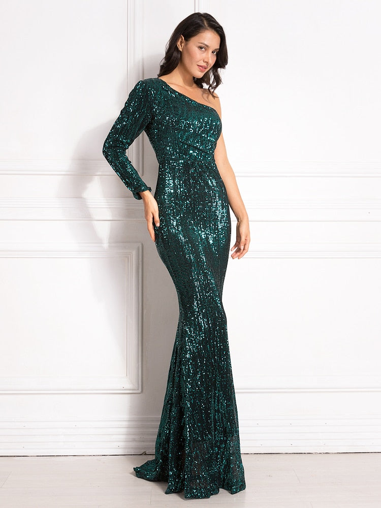 Vestido de Festa com Tecido em Dupla Camada e Brilho Verde