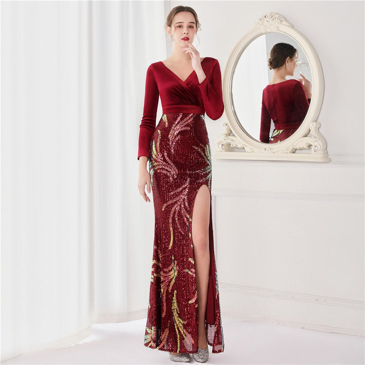 Vestido de Festa Luxo Sereia com Paetês Bordados Marsala