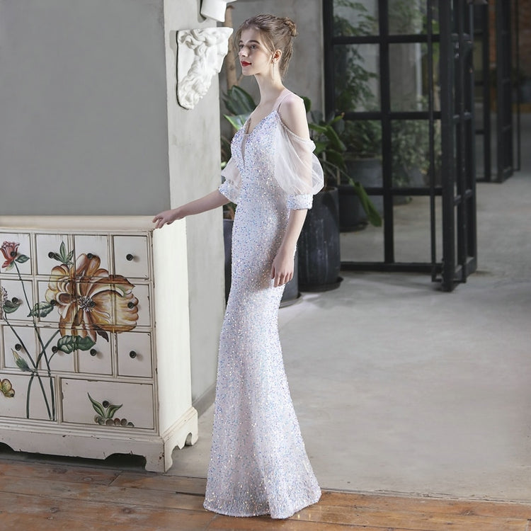 Vestido de Festa Longo Sereia Brilho com Manga e Renda Branco