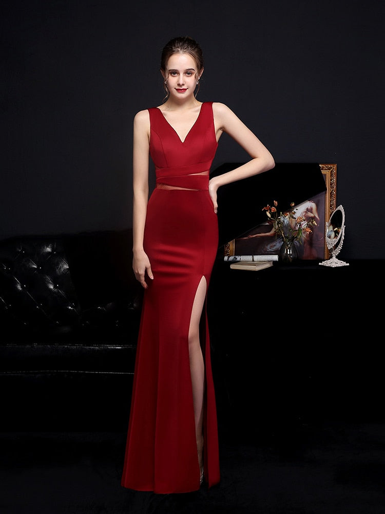 Vestido de Festa Longo Sereia com Abertura Lateral e Decote V Marsala