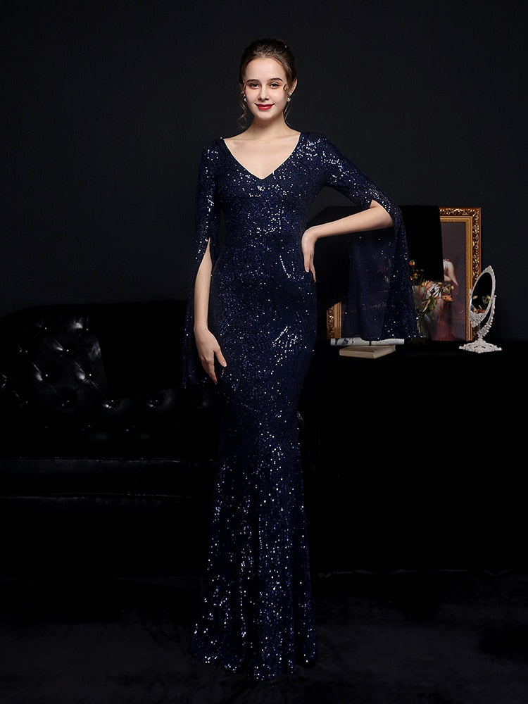 Vestido de Festa Longo Sereia Cristal com Manga Solta Azul Marinho
