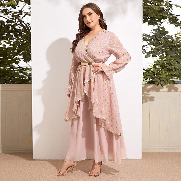 Vestido de Festa Rosé com Babados e Detalhe Cinto Dourado