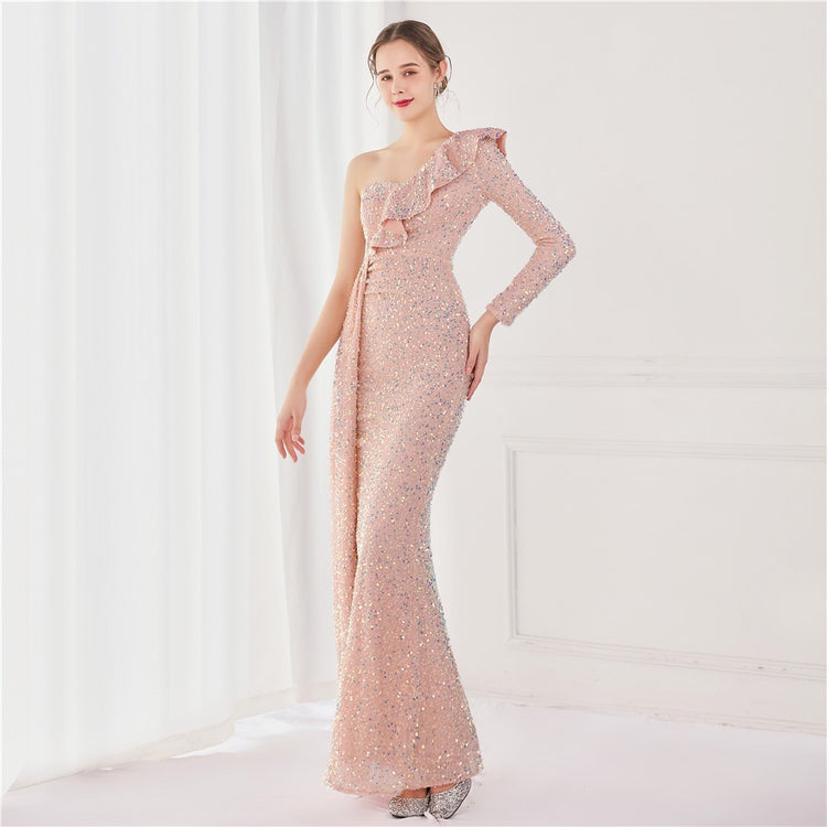 Vestido de Festa Longo com Babados Assimétricos Rosé