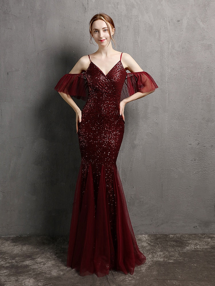 Vestido de Festa Longo Elegante com Manga com Renda Marsala
