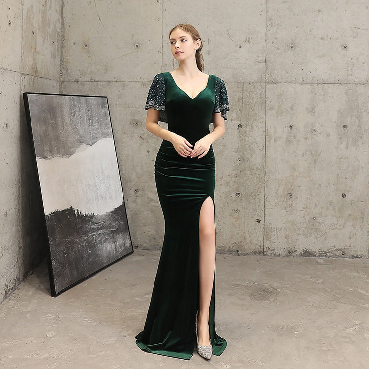 Vestido de Festa Longo com Abertura Lateral Verde Escuro