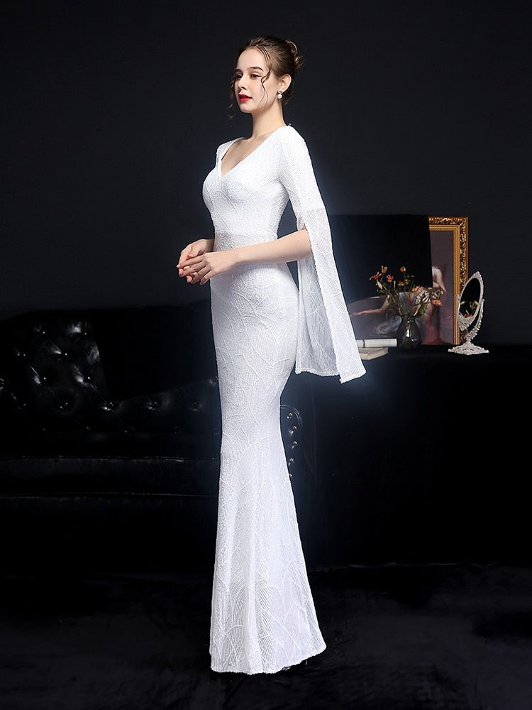 Vestido de Festa Longo Sereia Cristal com Manga Solta Branco