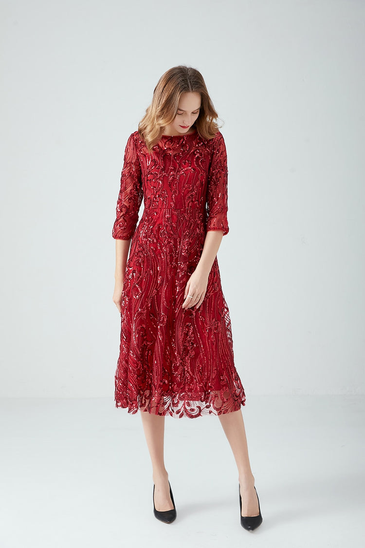 Vestido de Festa Marsala Luxo Midi com Detalhes Paetês