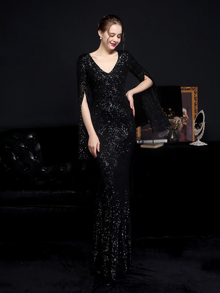 Vestido de Festa Longo Sereia Cristal com Manga Solta Preto