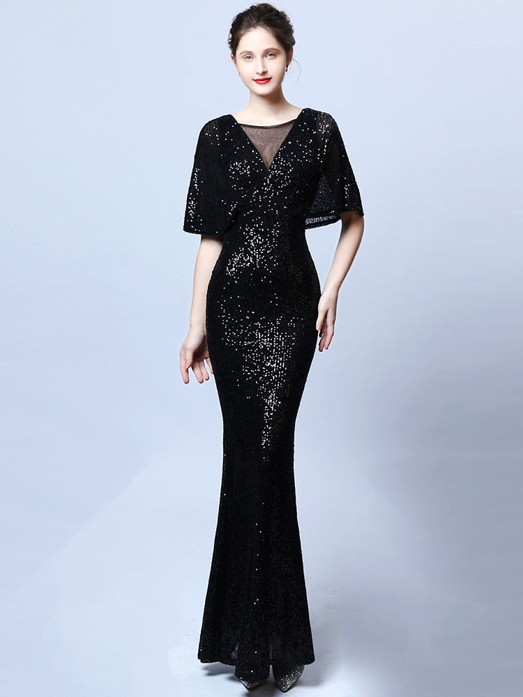 Vestido Festa Sereia com Detalhes Paetês Preto