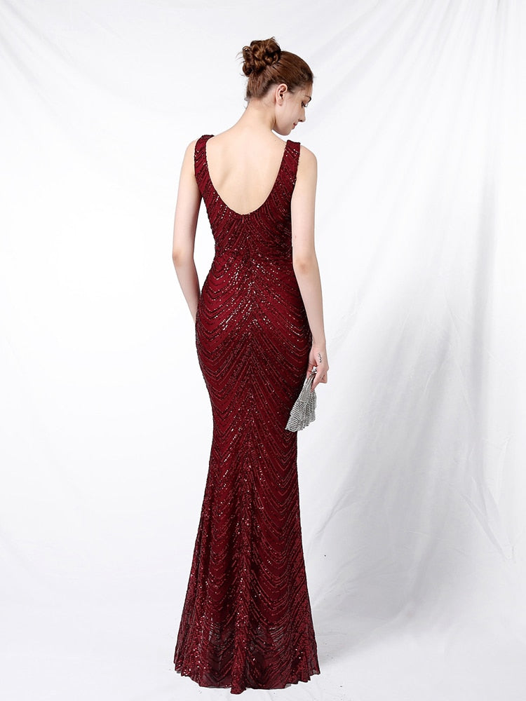 Vestido de Festa Longo Sereia Brilho sem Manga Marsala