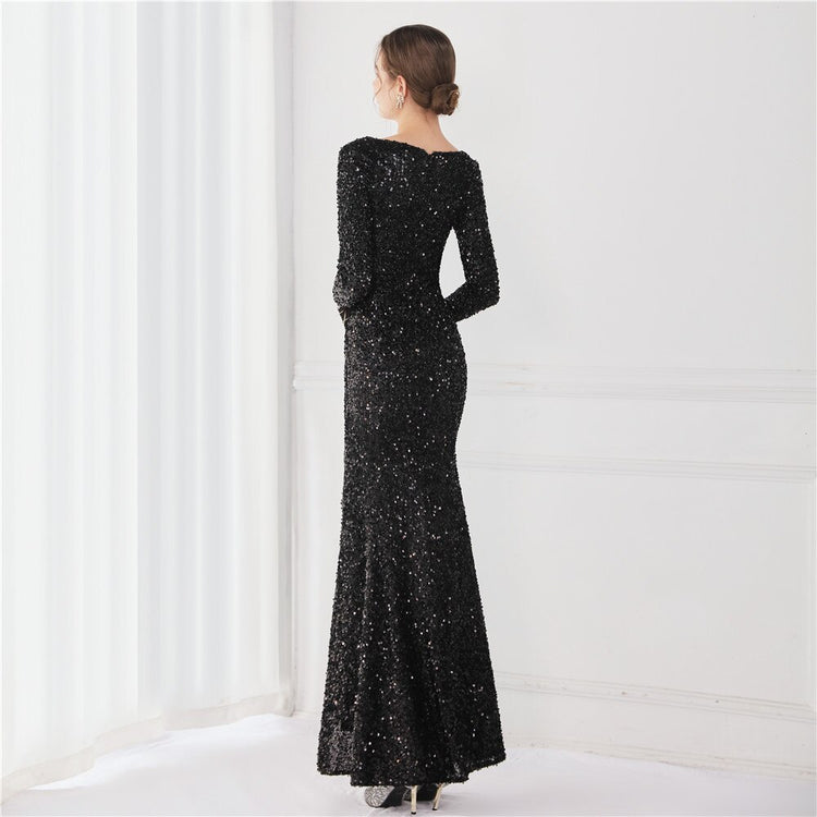 Vestido de Festa Longo Luxo Todo Detalhado em Paetês Preto