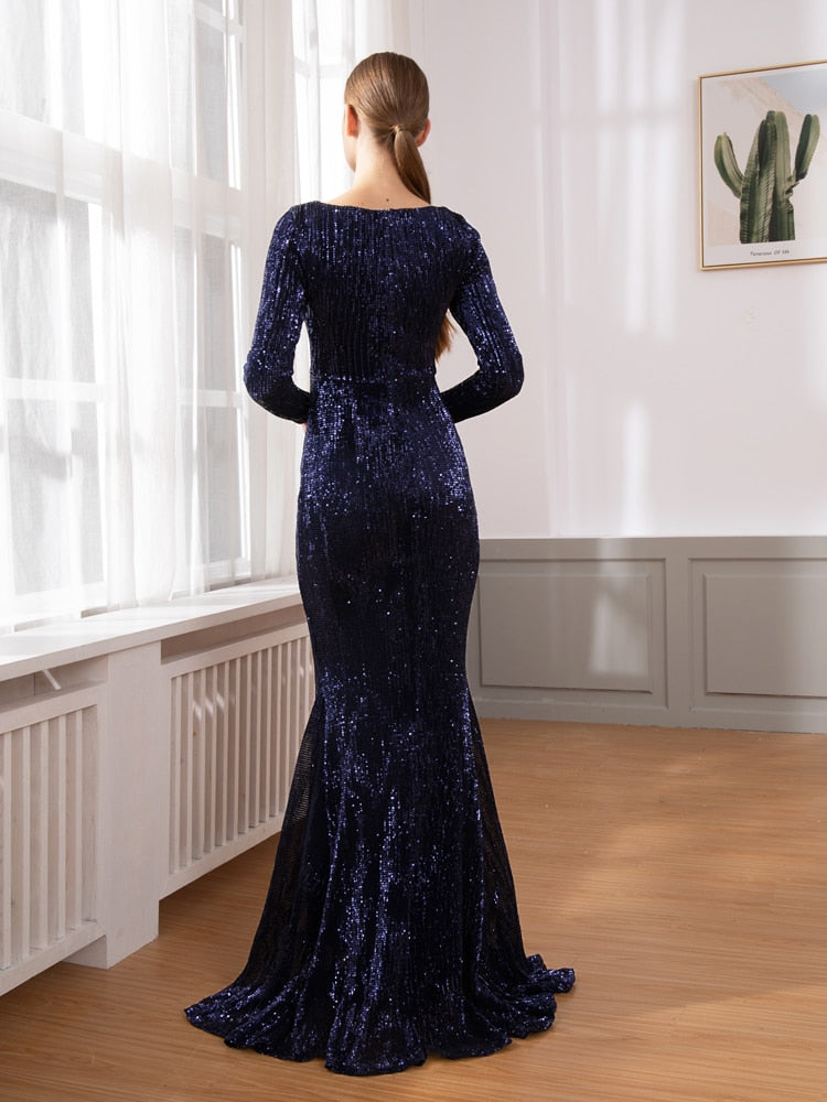 Vestido de Festa Longo Elegante com Manga Azul Marinho