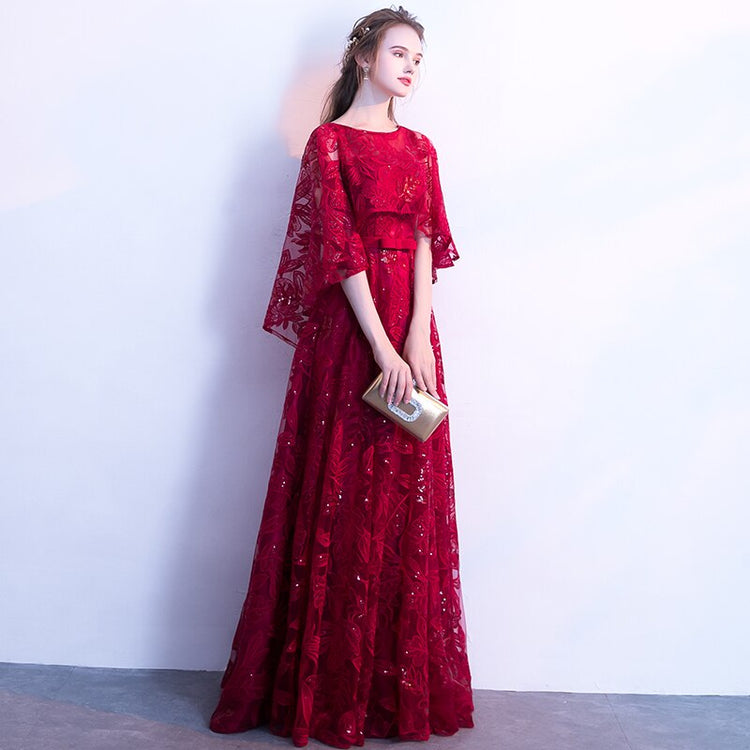 Vestido de Festa Longo com Manta Rendada Marsala