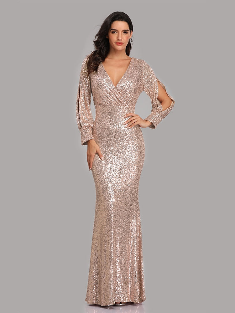 Vestido de Festa Longo to Detalhado em Paetês Dourado Rosé